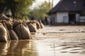 Close shot of flood Protection Sandbags with flooded homes in the background. - AI Generated Royalty Free Stock Photo