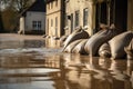 Close shot of flood Protection Sandbags with flooded homes in the background. - AI Generated