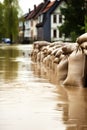 Close shot of flood Protection Sandbags with flooded homes in the background. - AI Generated