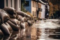 Close shot of flood Protection Sandbags with flooded homes in the background. - AI Generated