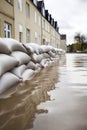 Close shot of flood Protection Sandbags with flooded homes in the background. - AI Generated Royalty Free Stock Photo