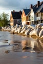 Close shot of flood Protection Sandbags with flooded homes in the background. - AI Generated Royalty Free Stock Photo