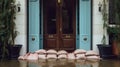 Close shot of flood Protection Sandbags with flooded homes in the background