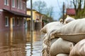 Close shot of flood Protection Sandbags with flooded homes in the background. - AI Generated Royalty Free Stock Photo