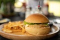 Close shot of a hamburger near french fries on a wooden plate with a blurred background Royalty Free Stock Photo