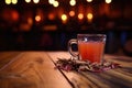 close shot of a hot drink resting on a wooden table nearby a dance area