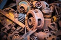 a close shot of rusty, discarded machinery parts