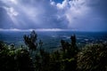 Close shot of trees on the mountain with buildings near trees in the distance under a cloudy sky Royalty Free Stock Photo