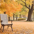 the close shot of the wooden bench beside huge autumn tree with falling leaves with bokeh background