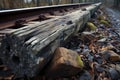 close shot of worn railroad tie