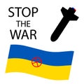 Stop the war slogan in the map of Ukraine. Protest against the war in Ukraine. Red forbidding sign and military aircraft