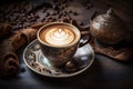 breakfast cup cafe espresso drink morning mug brown bean aroma. Generative AI.