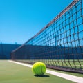 Close of tennis ball on white line near net