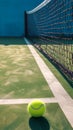 Close of tennis ball on white line near net