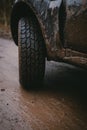 Close to the off-road tire. Protector for various surfaces, universal. Mud, stones, country road. All-wheel drive vehicle. 4x4 SUV Royalty Free Stock Photo