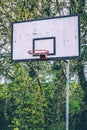 Close up of an abandoned basketball hoop with no net and rusted rim