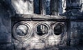 Close up abandoned mansion concept photo. Ruined ancient gazebo in Ukraine.