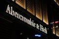 Close up Abercrombie Fitch logo on clothing store at night