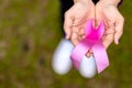 Close-up above the anti-breast cancer symbol on the female hand Royalty Free Stock Photo