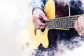 Man playing acoustic guitar on walking street on watercolor illustration painting background. Royalty Free Stock Photo