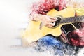 Abstract beautiful woman playing acoustic guitar on walking street on watercolor illustration painting background. Royalty Free Stock Photo