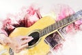 Beautiful woman playing acoustic guitar on walking street on watercolor illustration painting background. Royalty Free Stock Photo