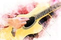 Woman playing acoustic guitar on walking street on watercolor illustration painting background. Royalty Free Stock Photo