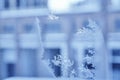 Close up of an abstract blurred frosty patterns on the window, glass with copy space. Blue ice winter background Royalty Free Stock Photo