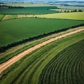 a close-up, abstract detail of tractor track lines over the rolling countryside ...