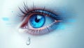 Close-up abstract eye with digital data stream. Blue iris shows reflection. Single tear falls, symbolizing emotion and tech Royalty Free Stock Photo