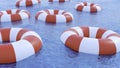 Close up of abstract floating rescue buoys on the water surface. Design. A floating lifebuoy in the sea.