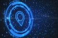 Close up of abstract map pin on blue background. Futuristic navigation concept.