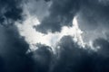 A close up abstract photograph of dramatic, dark, stormy thunder clouds