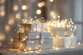 A close-up of abstract, soft focus fairy lights gently illuminating a stack of generic gift boxes, creating a dreamy scene Royalty Free Stock Photo