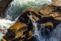 Close-up abstract texture above view of river torrent and clear fresh cold water flowing through mountain rocks in Royalty Free Stock Photo