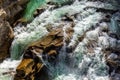 Close-up abstract texture above view of river torrent and clear fresh cold water flowing through mountain rocks in Royalty Free Stock Photo