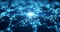 Close-up abstract view of a bright glowing blue network of interconnected nodes and lines with bokeh effect Royalty Free Stock Photo