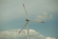 Close up abstract view of a giant wind turbine with blue sky