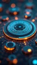 Close-up abstract view of glowing futuristic circuit board with blue and orange lights. Digital network structure representing Royalty Free Stock Photo
