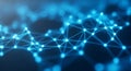 Close-up abstract view of a glowing blue network of interconnected nodes and lines with shallow depth of field Royalty Free Stock Photo