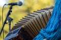 Close up of accordion and accordion player playing at Klezmer concert of Jewish music in Regent`s Park in London Royalty Free Stock Photo