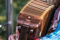 Close up of accordion and accordion player playing at Klezmer concert of Jewish music in Regent`s Park in London Royalty Free Stock Photo