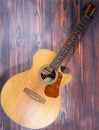 Close up of acoustic guitar. Acoustic guitar against an old wooden background Royalty Free Stock Photo