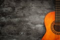 Close up of acoustic guitar against a wooden background Royalty Free Stock Photo