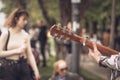 Close up with a acoustic guitar head and neck. Tuning pegs detail Royalty Free Stock Photo