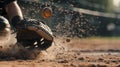 Close-up action shot of a baseball glove catching a ball, with dust exploding on impact, during a game on a sunny day Royalty Free Stock Photo