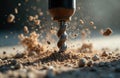 Close-up action shot of drill bit penetrating concrete, creating flying debris, dust. Sharp, sharpened tool shows industrial Royalty Free Stock Photo