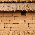 Close Up of Adobe Brick Wall with Thatched Roof Featuring Natural Materials Royalty Free Stock Photo