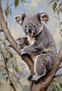 a koala marsupial perched on a tree branch holding its baby