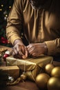 Close-up adult person hands wrapping a Christmas gift